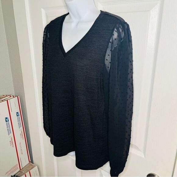 Modcloth More After Midnight Top Black Long Sleeve Sheer Polka Dot Sleeve M NWT - Picture 8 of 12